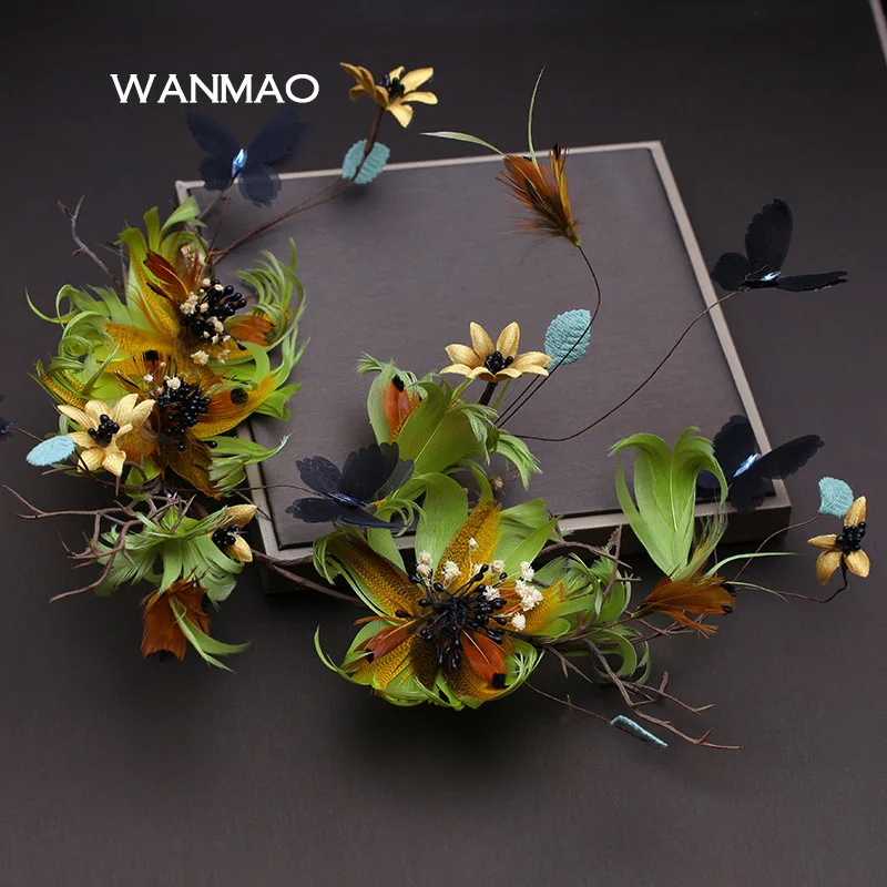 

Forest department feather butterfly flower tiaras crowns bride headdress ornaments portrait photos exaggerated headwear HD173