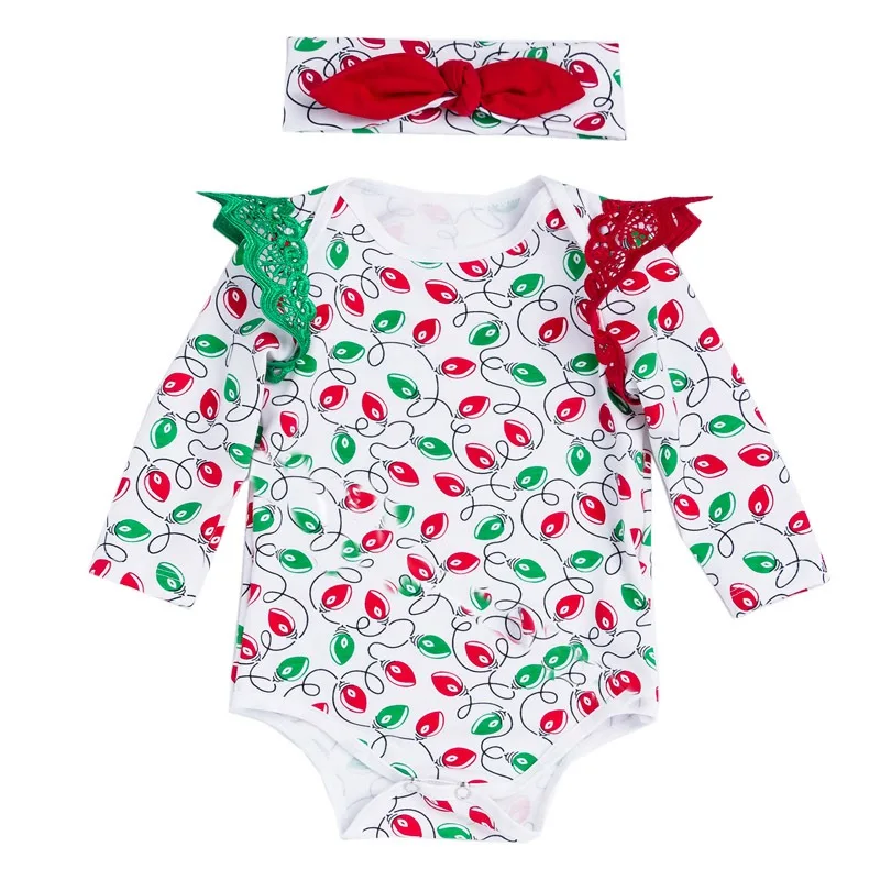 

Newborn Baby Girls Clothing Red Blue Light Printed Christmas Bodysuits With Headband 2 Pieces Suits Infant Long Sleeve Outfits