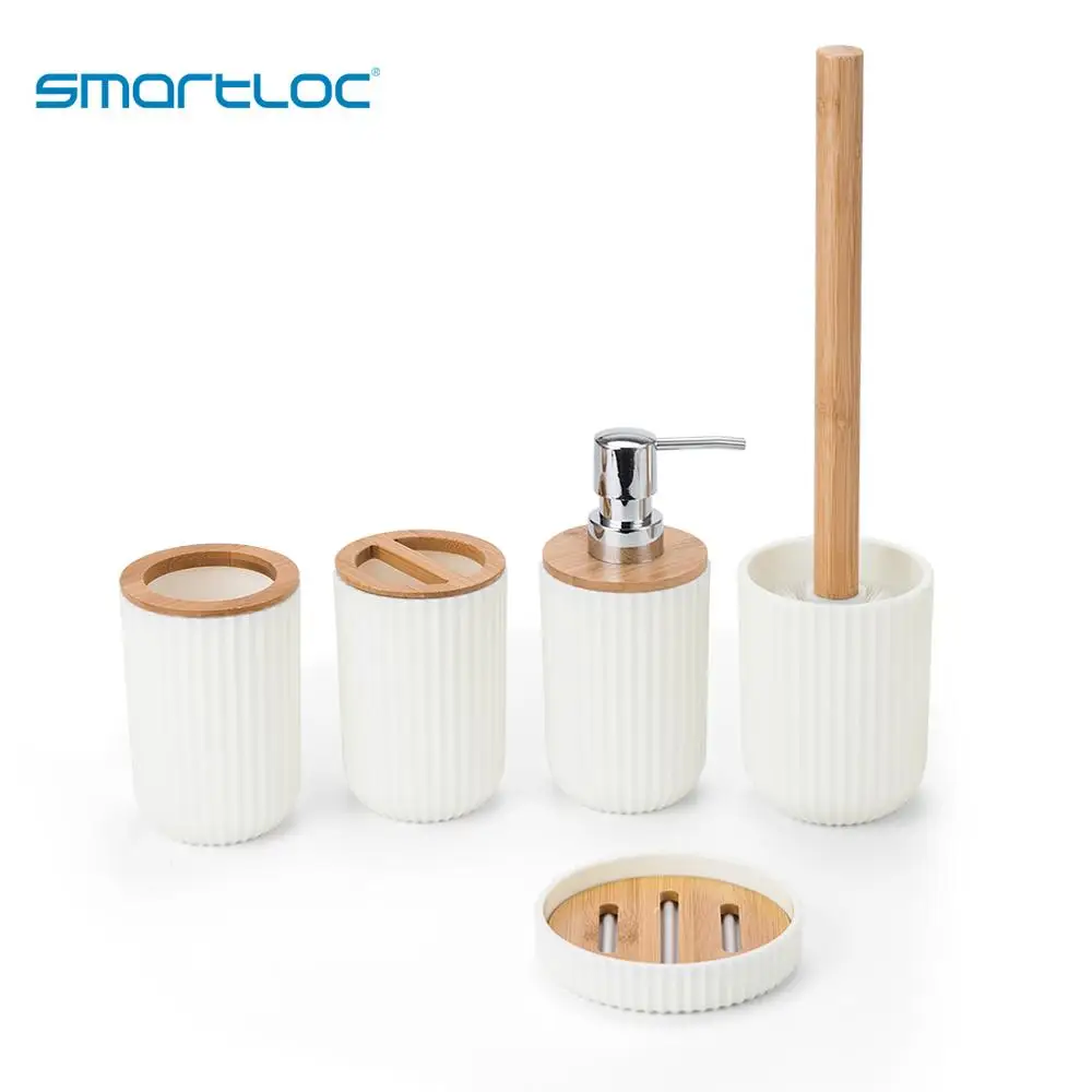 Smartloc البلاستيك الخيزران ملحقات الحمام مجموعة حمام فرشاة الأسنان حامل فرشاة المرحاض موزع الصابون طبق ماكياج المنظم مرآة