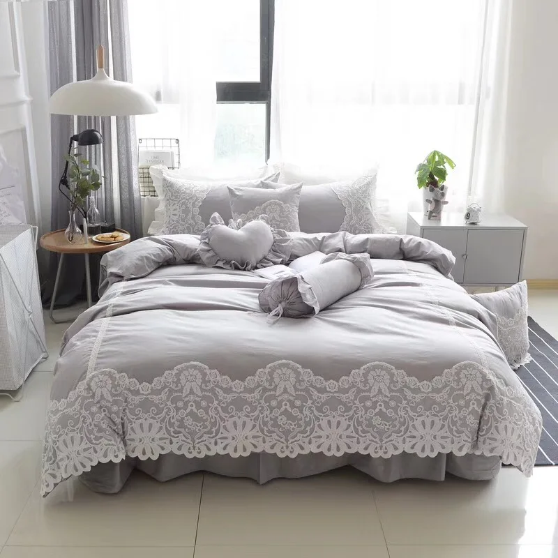 

Grey Princess Style Lace Edge Bed Skirt 100% Pure Cotton Fabric Bedding Set Duvet Cover Bed Linen Bed Sheet Pillowcases 3/4Pcs