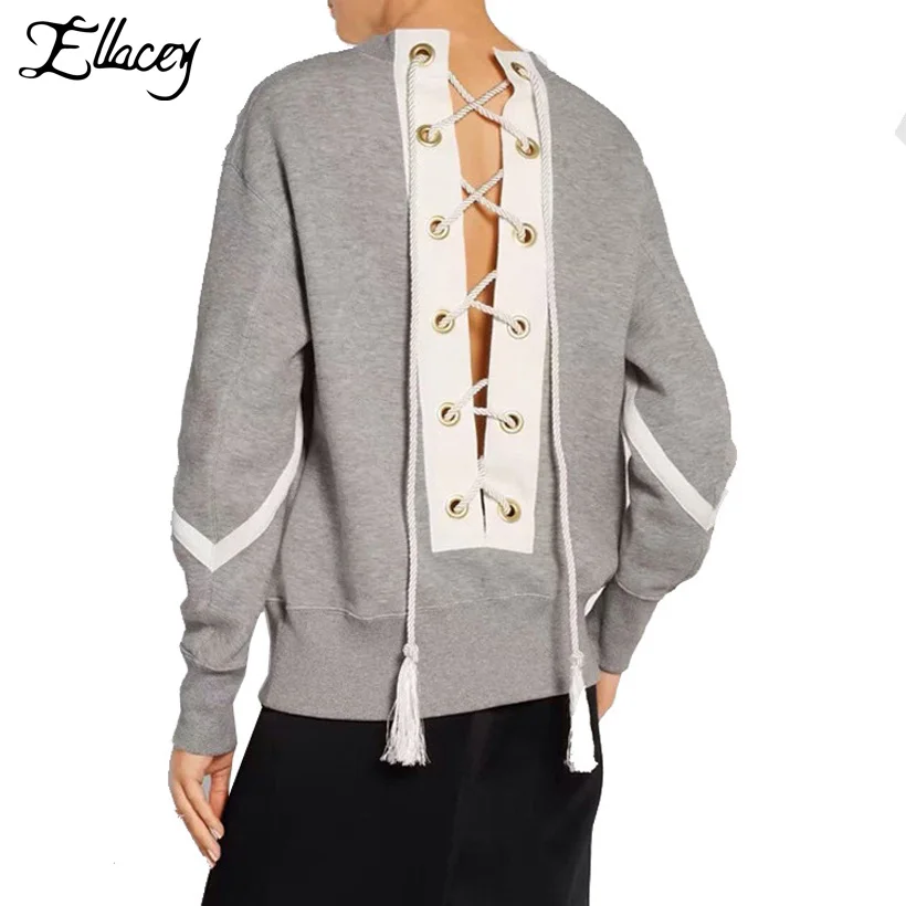 Ellacey New 2018 Autumn Streetwear Back Lace up Sweatshirt