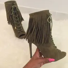 Винтаж открытый носок ботильоны на высоком каблуке со шнуровкой; украшение в виде бахромы пинетки Mujer Демисезонный Вечерняя женская обувь