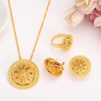 

Ethiopian Traditional Jewelry set Necklace and Earrings Ethiopia Gold Eritrea sets for Women's Habesha Wedding party Gift