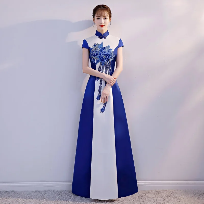 Элегантное женское платье в пол Cheongsam большого размера 3XL китайское традиционное платье с цветочной вышивкой Qipao тонкое платье с воротником-стойкой