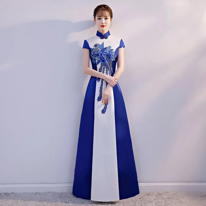 

Elegant Women Floor-length Cheongsam Large Size 3XL Chinese Traditional Embroidery Flower Qipao Slim Mandarin Collar Dress