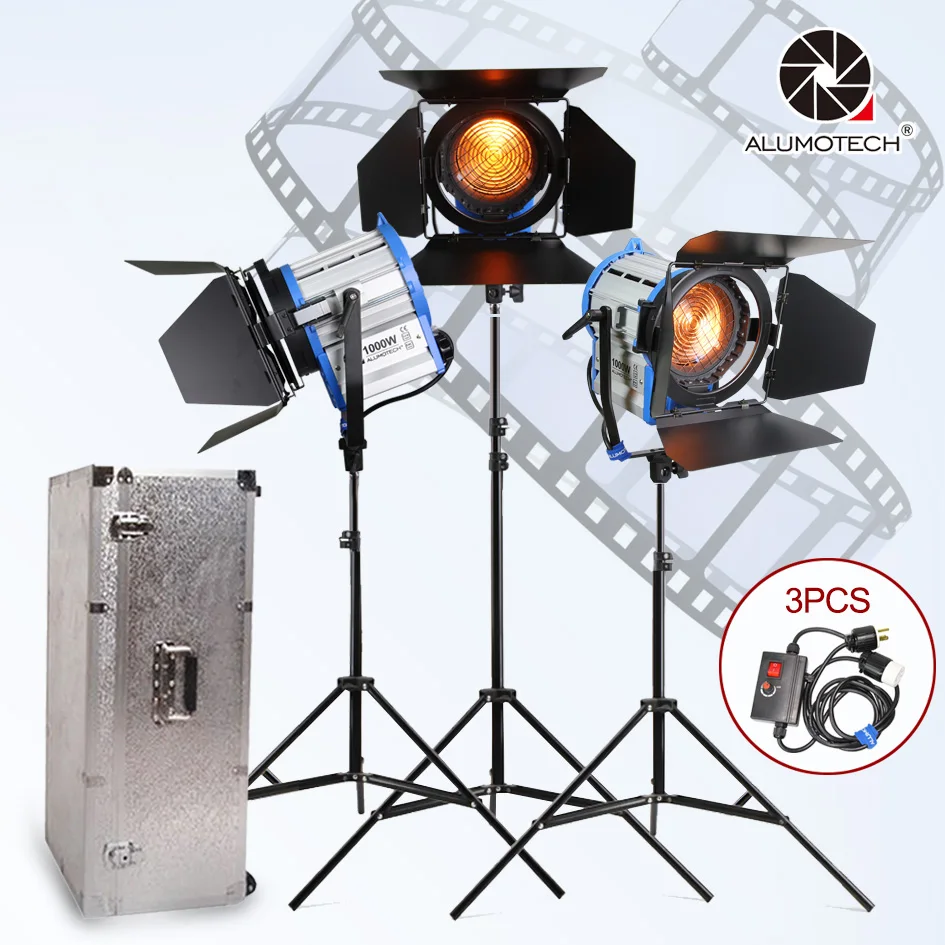 Вольфрамовый прожектор ALUMOTECH Fresnel 1000 Вт * 3 + подставка Диммер алюминиевый чехол