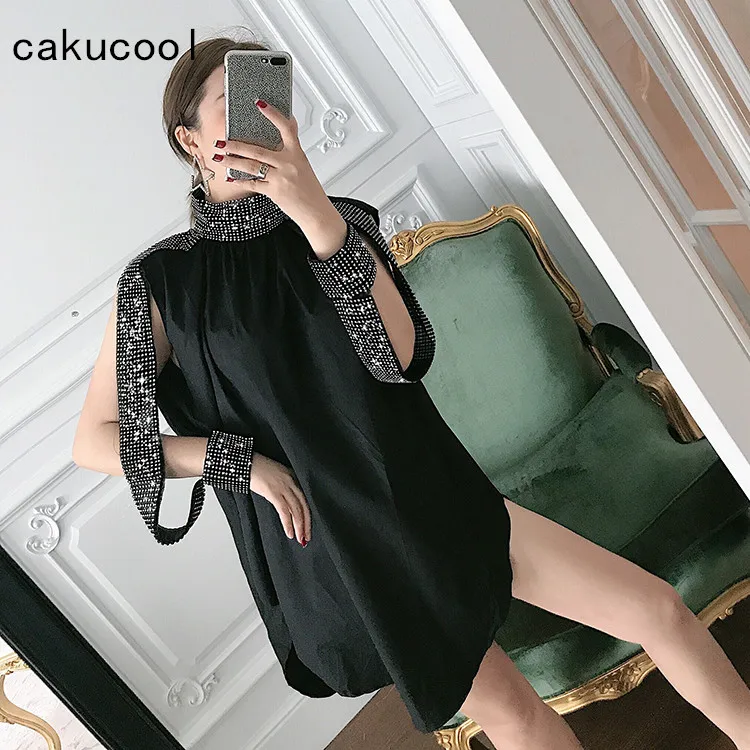 

Cakucool New Bling Runway Design Blouse Women Diamond Beading Off Shoulder Korea Loose Sexy Evening Party Long Blusa Shirt Femme