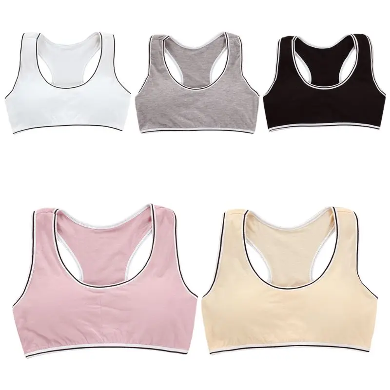 

Junior Girl Wide Strap Racerback Sport Training Bra Solid Color Striped Trim Underwear Wireless Padded Bralette Casual Yoga Vest