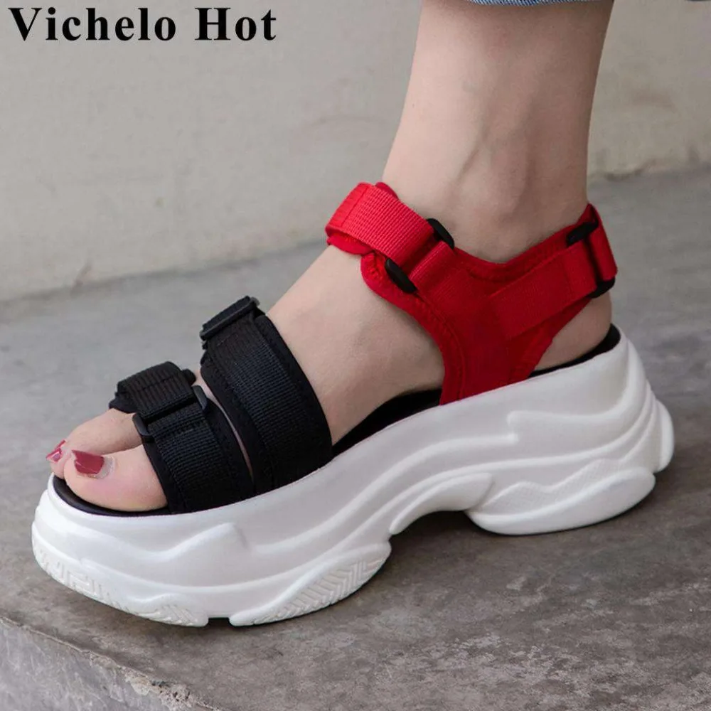 

Vichelo Hot mixed colors high bottom wedges platform peep round toe hook&loop design gladiator shoes rock girl women sandals L37