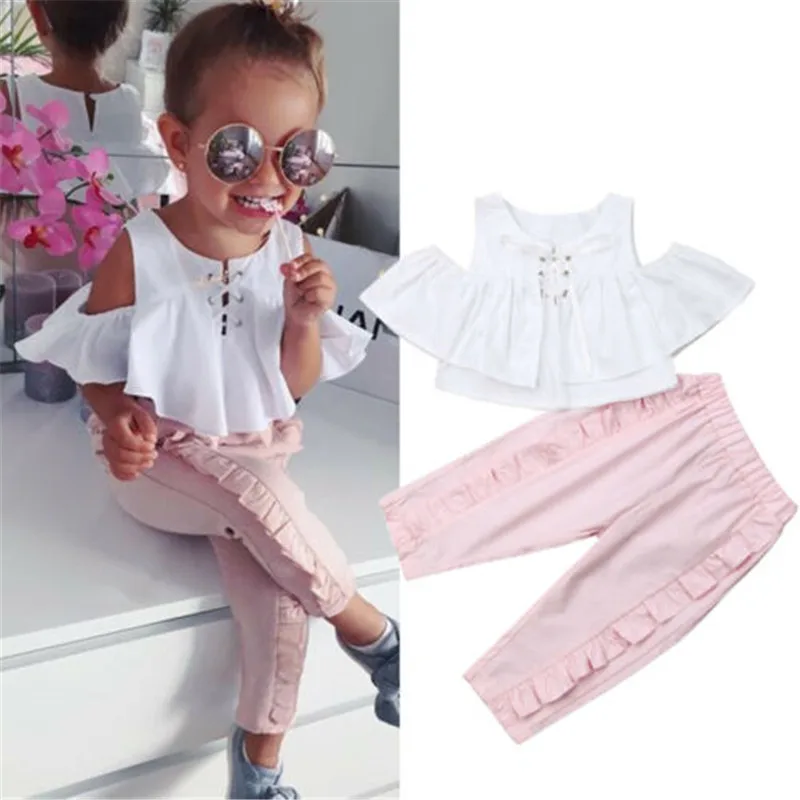 

1-6Y Casual Summer Kids Baby Girl Clothes Sets Ruffles Off Shoulder T-shirt+Elastic Waist Long Pencil Pants 2Pcs Girl Outfits