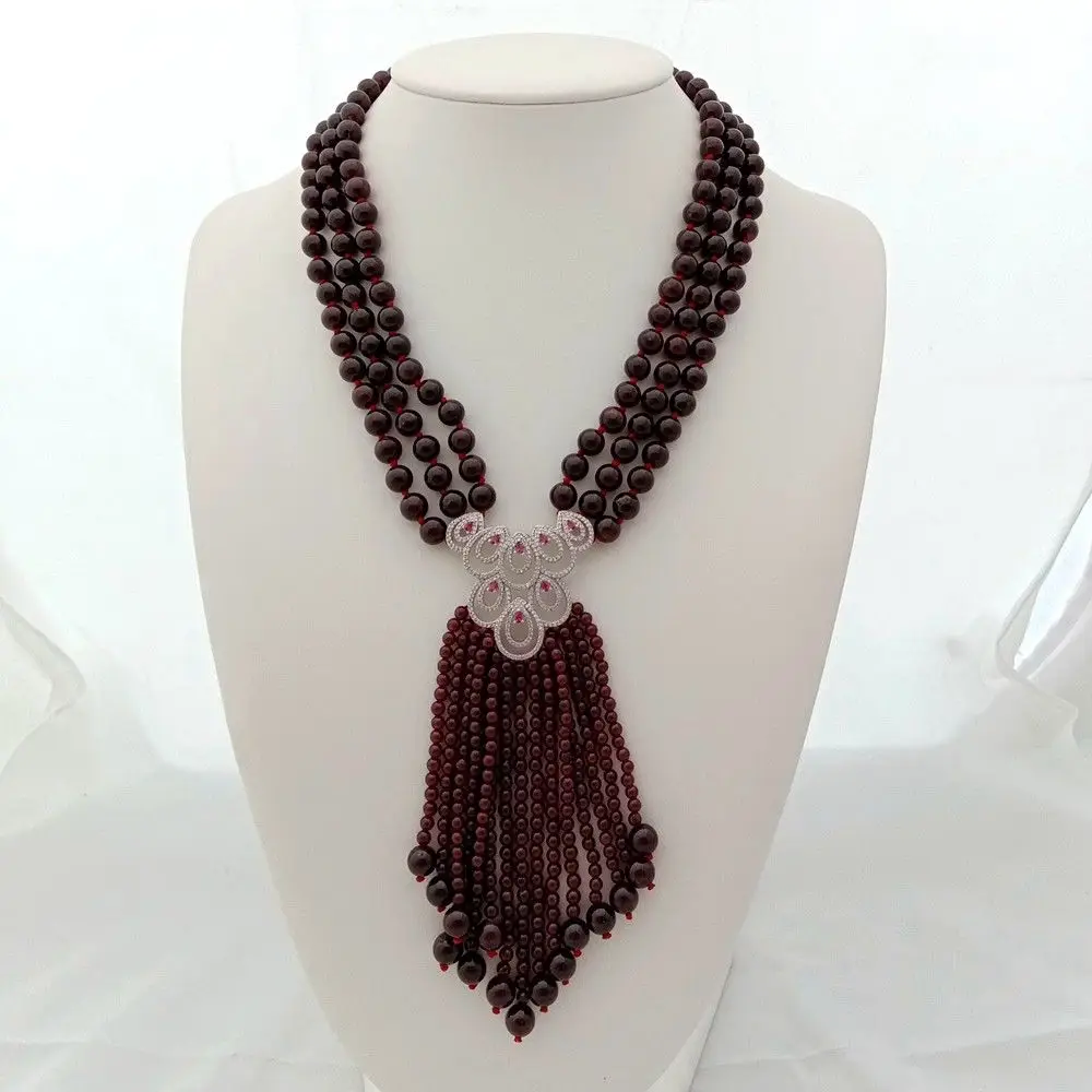 

19'' 3Strands Round Garnet Necklace CZ Pendant