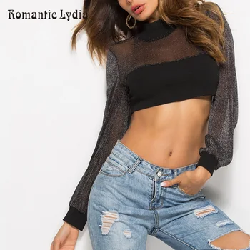 

Women Sexy T Shirt See Through Transparent Mesh Tops Long Sleeve Backless Slim Ladies Turtleneck T-Shirt