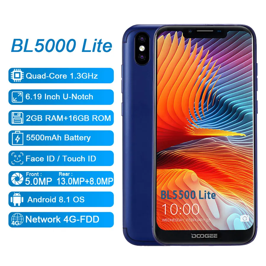 DOOGEE BL5500 Lite U Notch Android 8 1 6 19 &quotчетырехъядерный процессор MTK6739 2 Гб ОЗУ 16 ПЗУ 5500 мАч две