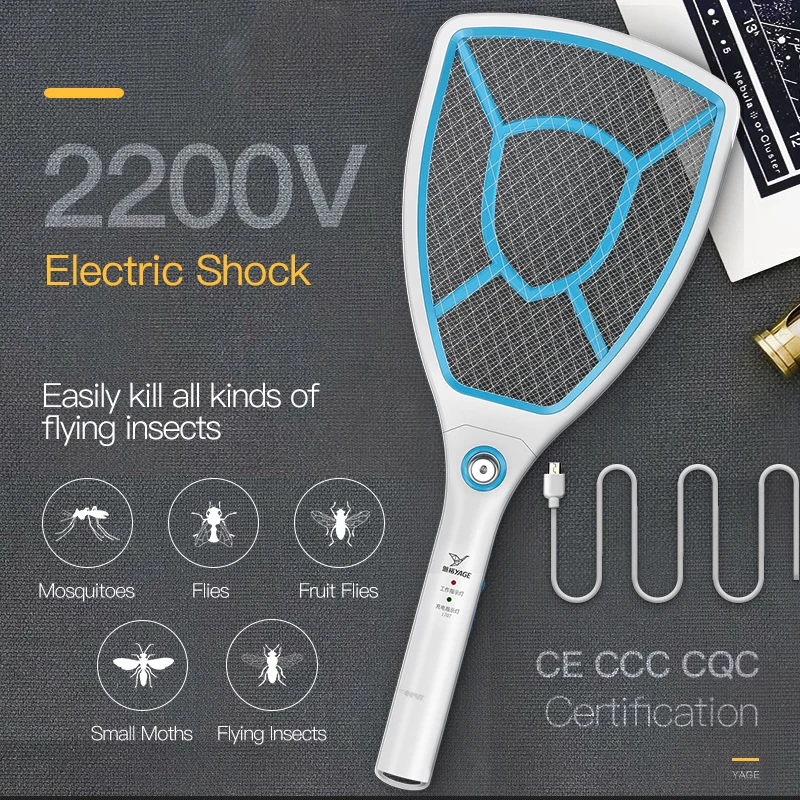 Green Electric Mosquito Fly Bugs Swatter Zapper Bat Racket USB Rechargeable LED Lighting Double Layers Mesh Protection Pests Insects Control Killer Repellent