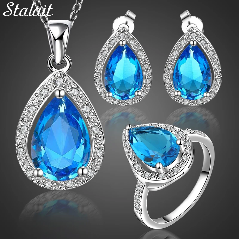 

Blue Crystal Rhinestones Bridal Jewelry Set For Fashion Women Silver Color Jewelry Sets For Party