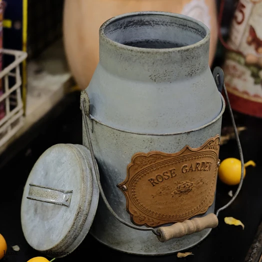 Antique Galvanized Metal Milk Pail Flower Vase with Lid Country Primitive (4)