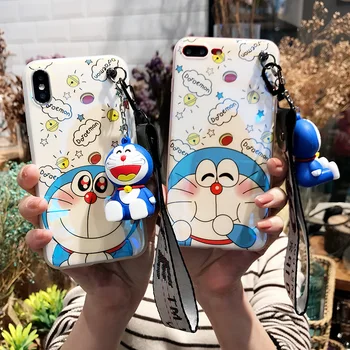 

For iPhone 8 8plus Doraemon case, Cute Cartoon Soft back cover For iPhone X 7 7plus 6 6S 6Pplus phone cover + toy stander +Strap
