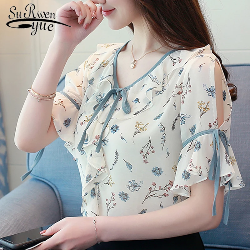 New fashion 2019 print chiffon women blouse shirt short