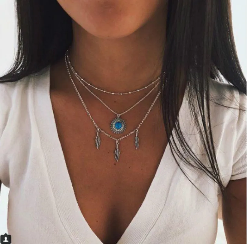 

New fashion pop jewelry leaves three-layer multi-layer female necklace gift wholesale Bohemian Necklaces & Pendants