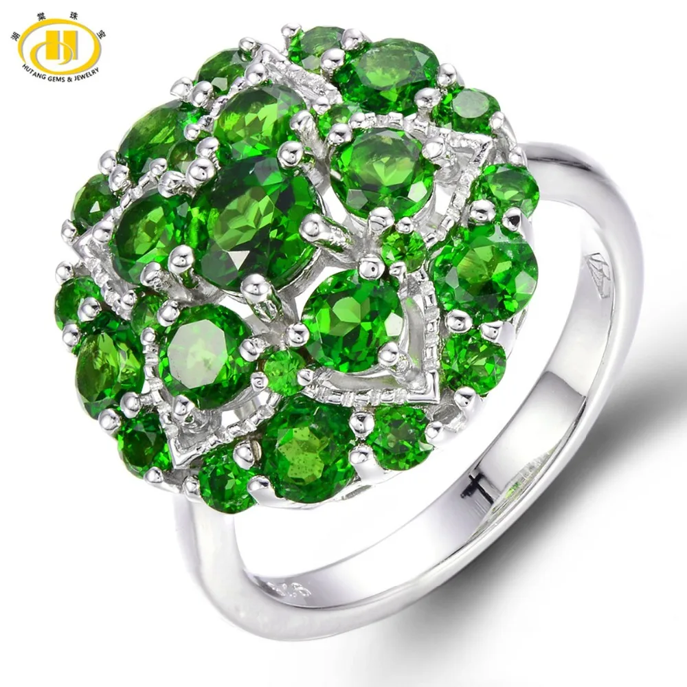 

Hutang 3.2CTW Natural Chrome Diopside Cluster Ring Solid 925 Sterling Silver Women's Authentic Gemstone Jewelry 2017 New Arrival
