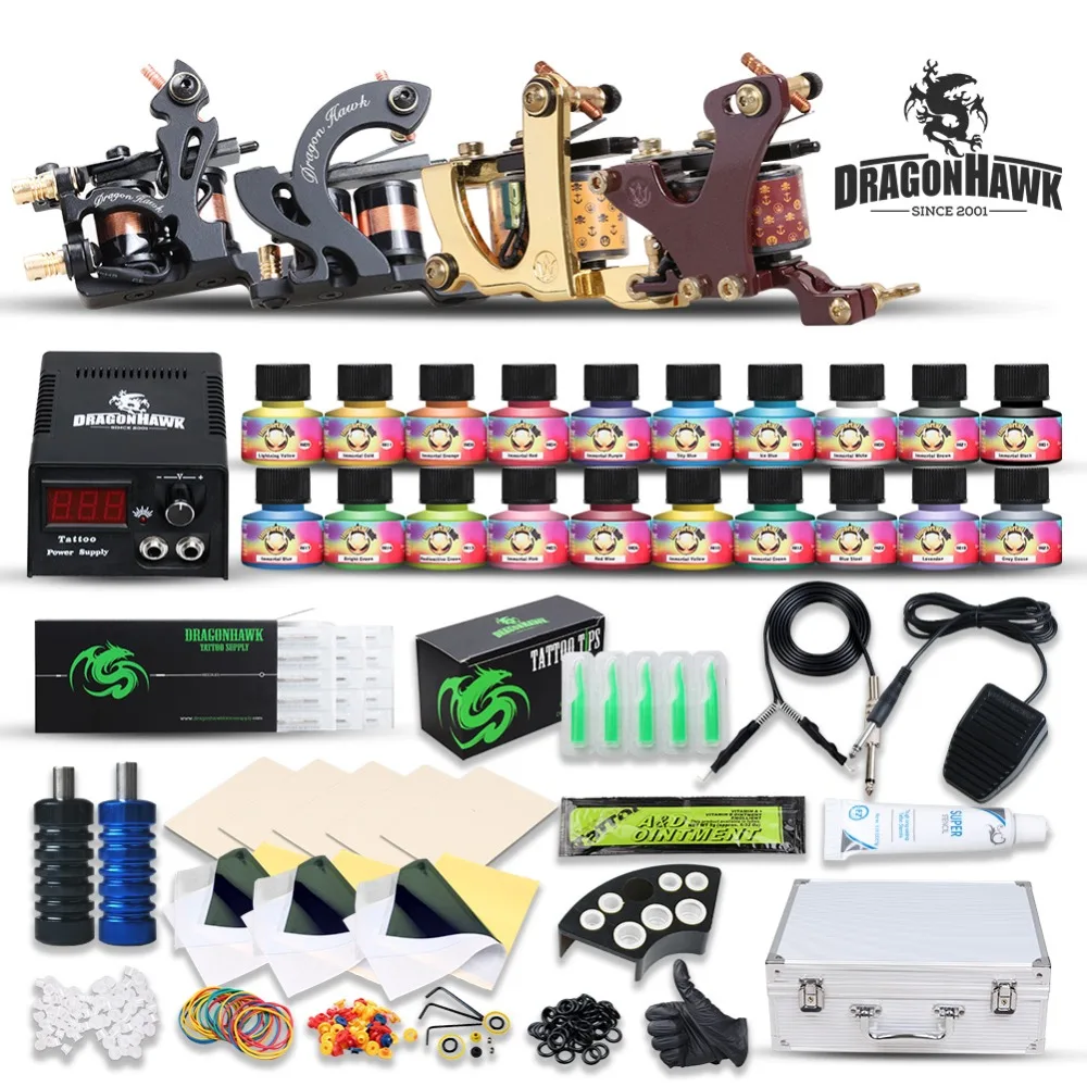 

Complete Beginner Tattoo Kit Set 4 Top Machine Guns USA Color Inks Tattoo Power Supply Cheap Grips Needles Tips Supplies Big Box