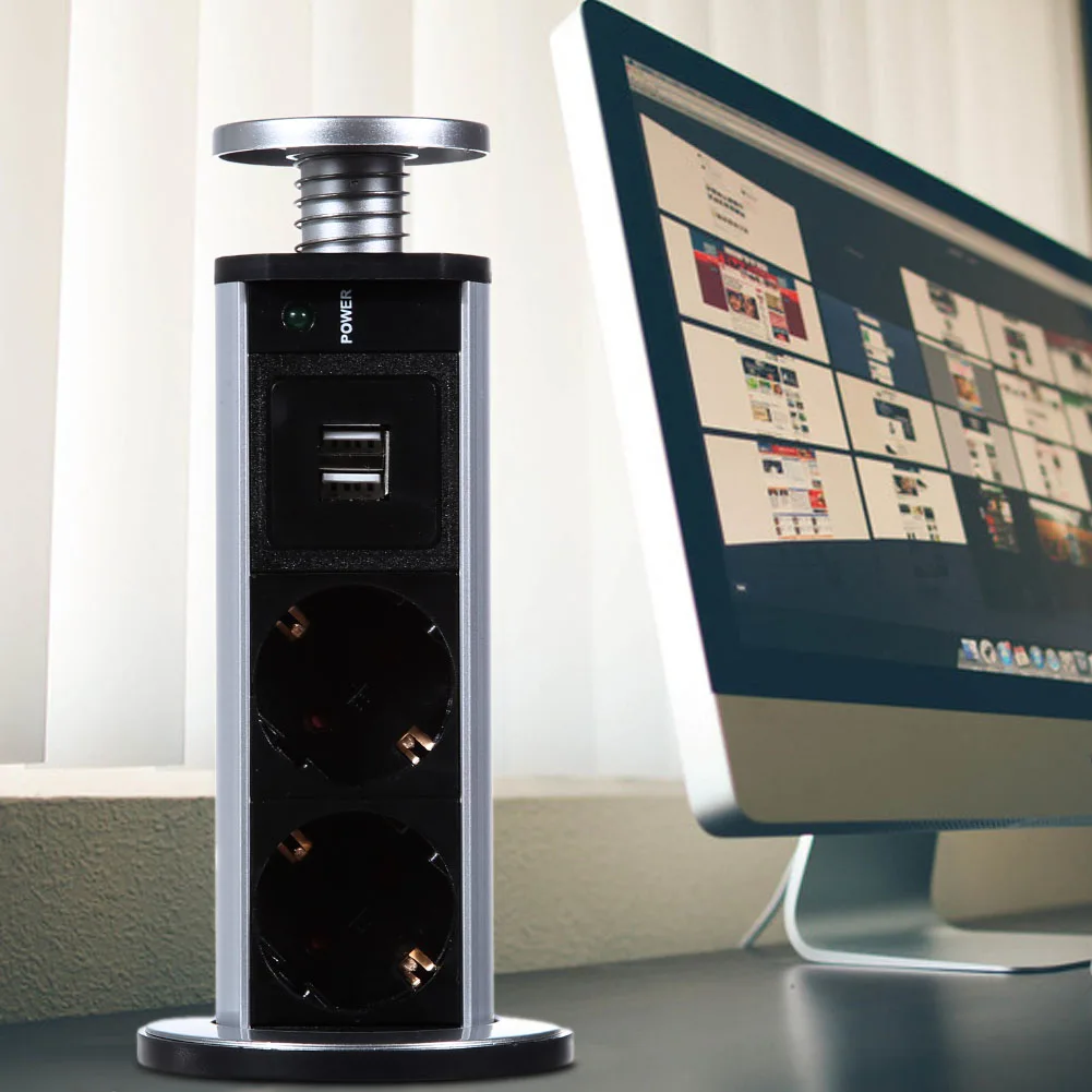 220V 16A PULL POP UP Electrical 3 Plug Socket 2 USB Kitchen Table Plug