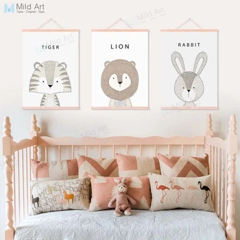 

Kawaii Animals Rabbit Giraffe Lion Wooden Framed Hanger Poster Kids Baby Room Wall Art Picture Home Decor Canvas Painting Scroll