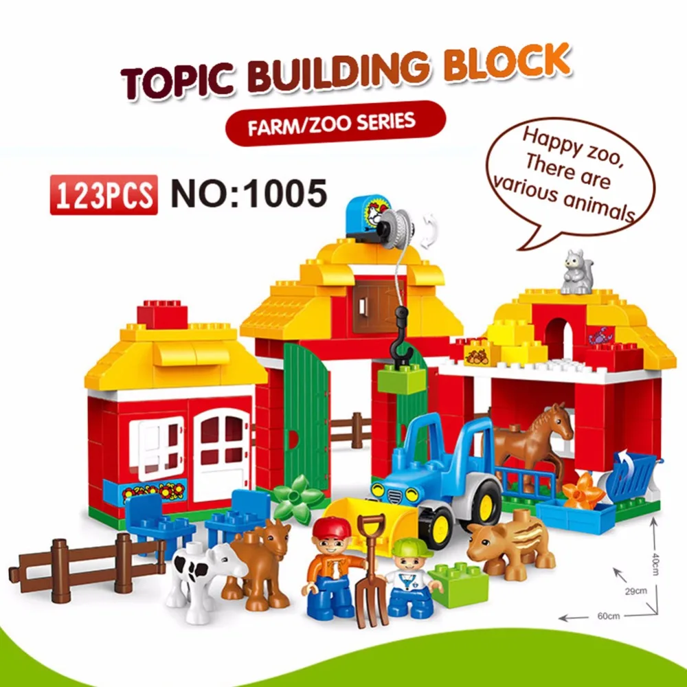 

123PCS Happy Farm Big Size Building Blocks Sets Happy Zoo With Animals For Kids City DIY Toys Compatible LegoINGs Duplos figures