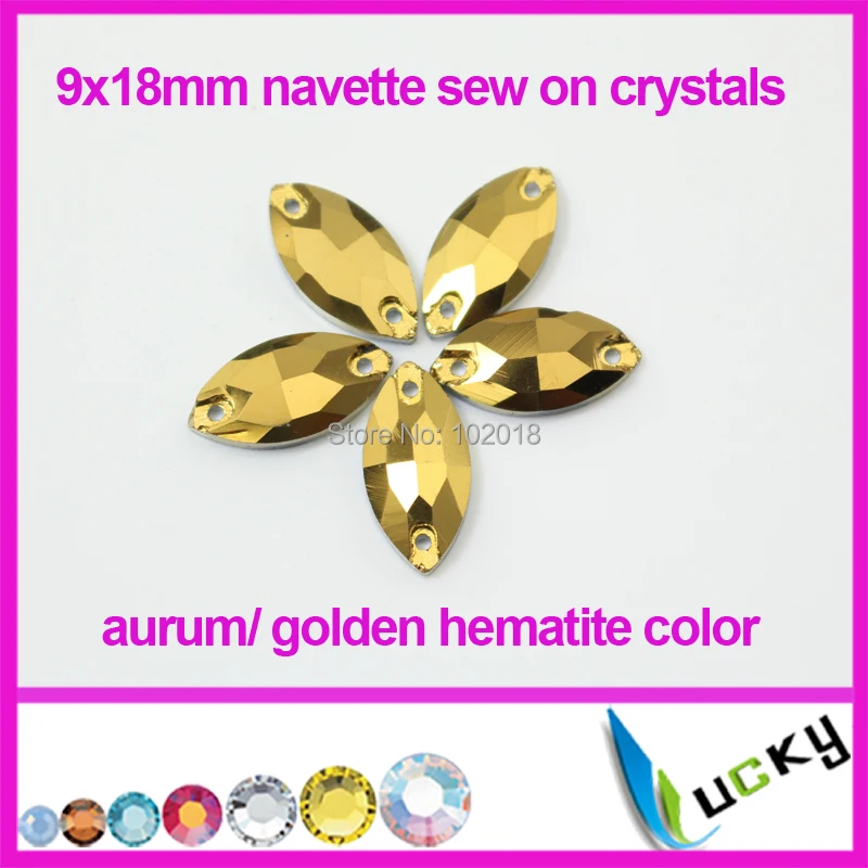 

Freeshipping sewing accessories 112pcs 9x18mm aurum golden hematite color navette shape sew on crystals flat back rhinestones
