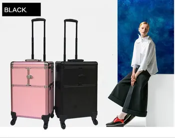 

2016 Aluminum Roll Makeup Storage Case Cosmetic Train Box Trolley Lockable 58x35x23cm