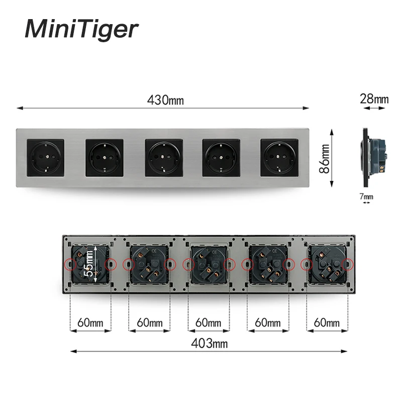 Minitiger панель из нержавеющей стали 5 банд настенная розетка 16А в Европу в Россию Испания электрическая розетка серебристый черный детская защита для двери