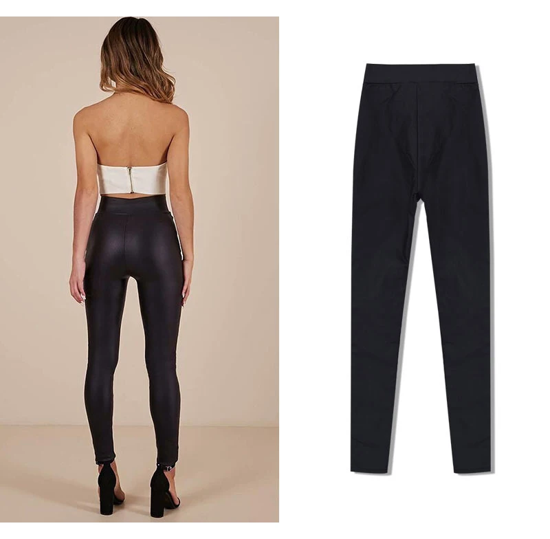 Women's high-waist slim body elastic metal open-hole binding belt elastic waist coating PU imitation leather jean small leg pants (5)