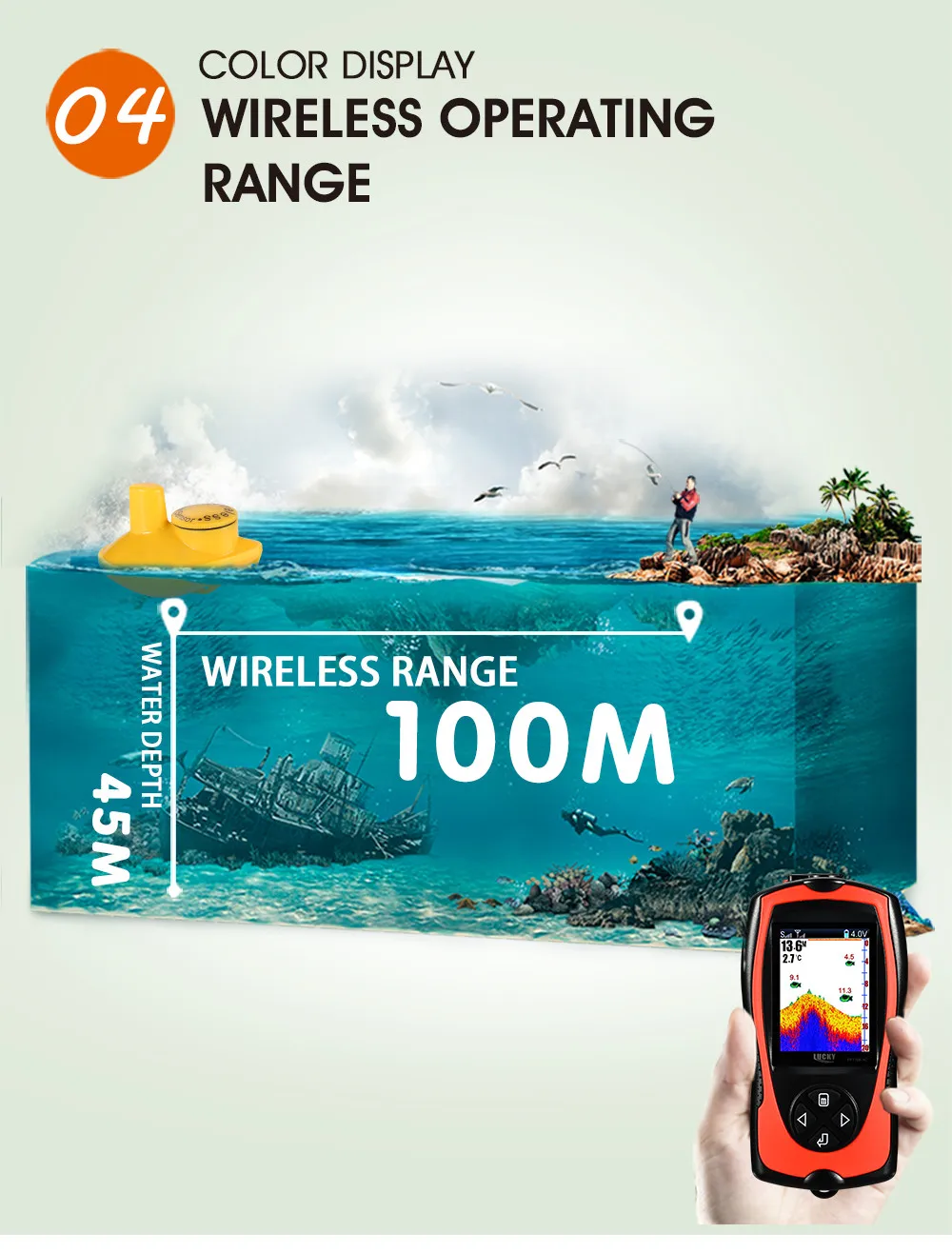 Menu sem Fio Profundidade de Água Menu Russo! Lucky Ff1108-1cwla Inglês Russo Sonar Cor Fishfinder 147ft - 45m Ff1108-1cw & 9 Menu russo! lucky FF1108-1CW & FF1108-1CWLA inglês