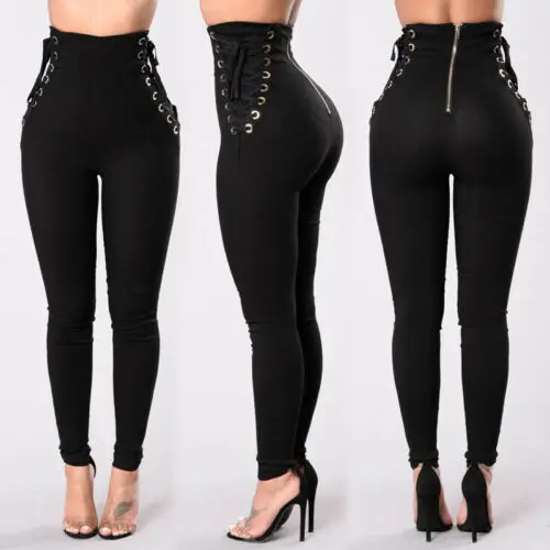 

Women's Lace Up Skinny Legging Pencil Pants High Waist Bandage Stretch Trousers