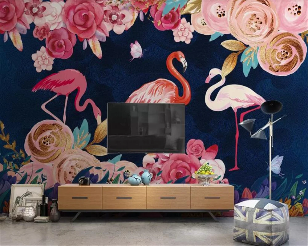 Beibehangvinyl wallpaperCustom ручная роспись цветы растения обои Фламинго фон украшение стены
