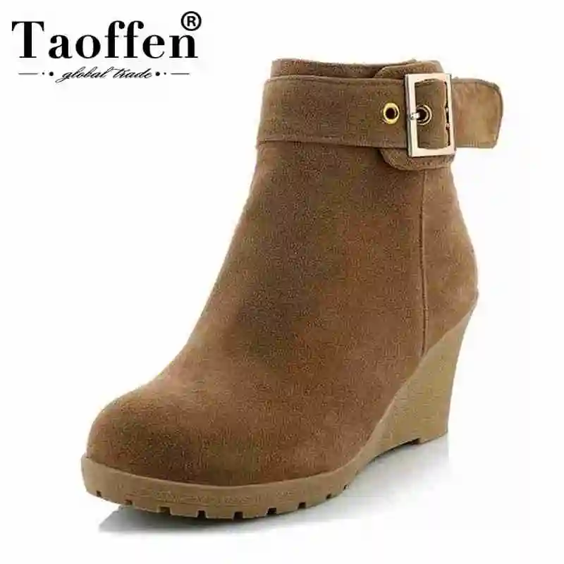 

TAOFFEN Women's Winter Warm Style High Wedges Platforms Snow Boots Sweet Zipper Shoes Ladies Vintage Half Short Boots Size 34-43