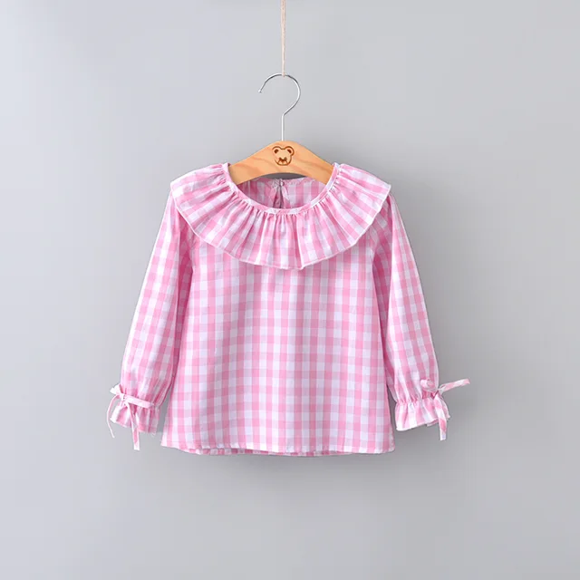 2018 Spring Baby Girls Full Sleeve Blouse Children Plaid Ruffles Collar Shirt Top Kids Flare Sleeve Jumper Girls Clothes