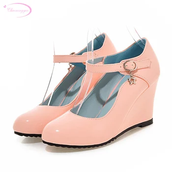 

Chainingyee sweet style comfortable round toe pumps fashion belt buckle black white pink high-heeled wedge women's shoes