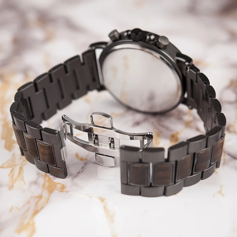BOBO BIRD Top Brand Wood Men Watch Quartz Wristwatch Wood & Stainless Steel Band Timepieces Chronograph relogio masculino L-P09