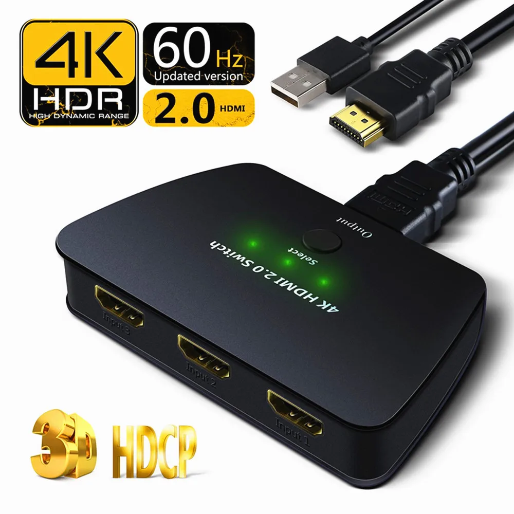  HDMI Switch 3x1 4K 60HZ 3 Port HDMI Switch 3D Support HDTV 1080P with Power Support HDCP 2.2 HDMI 2