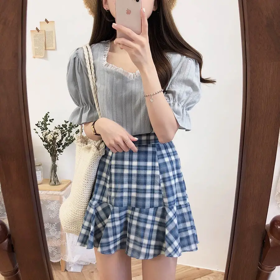 Летние мини-юбки с рюшами, популярная женская дизайнерская одежда в Корейском стиле в японском стиле милая синяя и красная клетчатая юбка для девочек с высокой талией, 6526