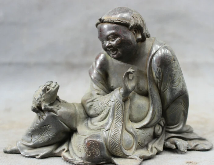 

S2310 8" Chinese Refined Pure Bronze Copper Buddhist Wealth Toad Monk Buddha Statue D0318