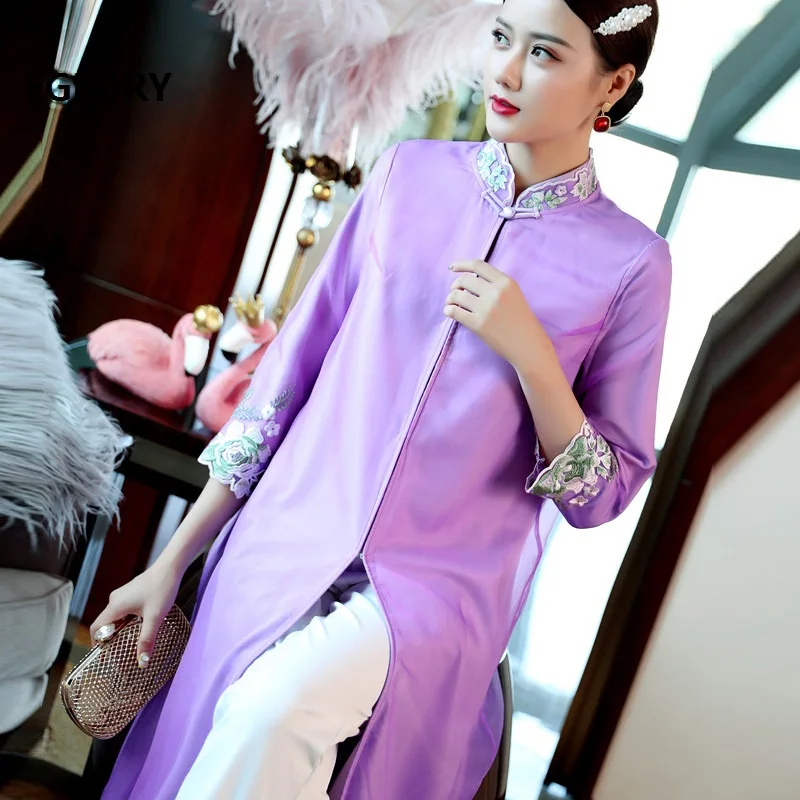 

High Quality Brand New 2019 Autumn Long Coat Trench Women Luxurious Embroidery Mid-Calf Length Yellow Purple Coat Outerwear XXL