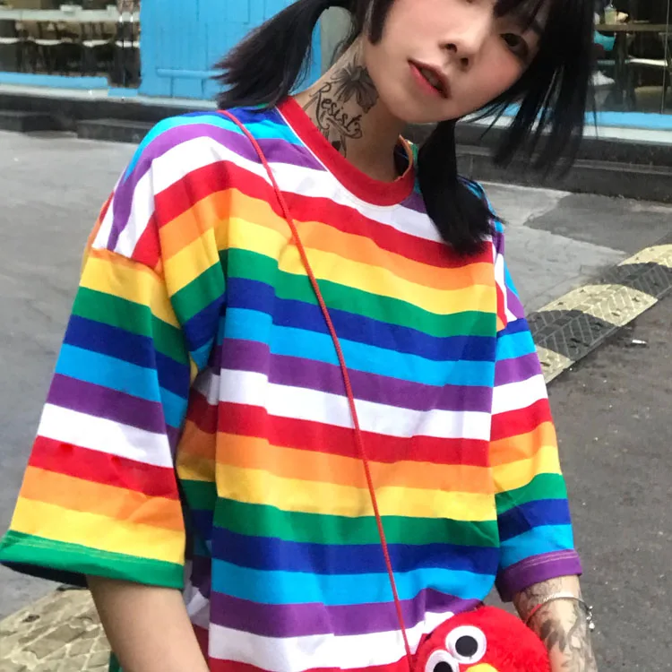 2018 Summer Womens T shirts Korean Ulzzang Harajuku Clothing Rainbow ...