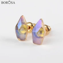 BOROSA дропшиппинг Gild натуральный белый кварц Титан AB покрытие граненый серьги гвоздики кристалл серьги из кварца Ювелирные изделия G1850