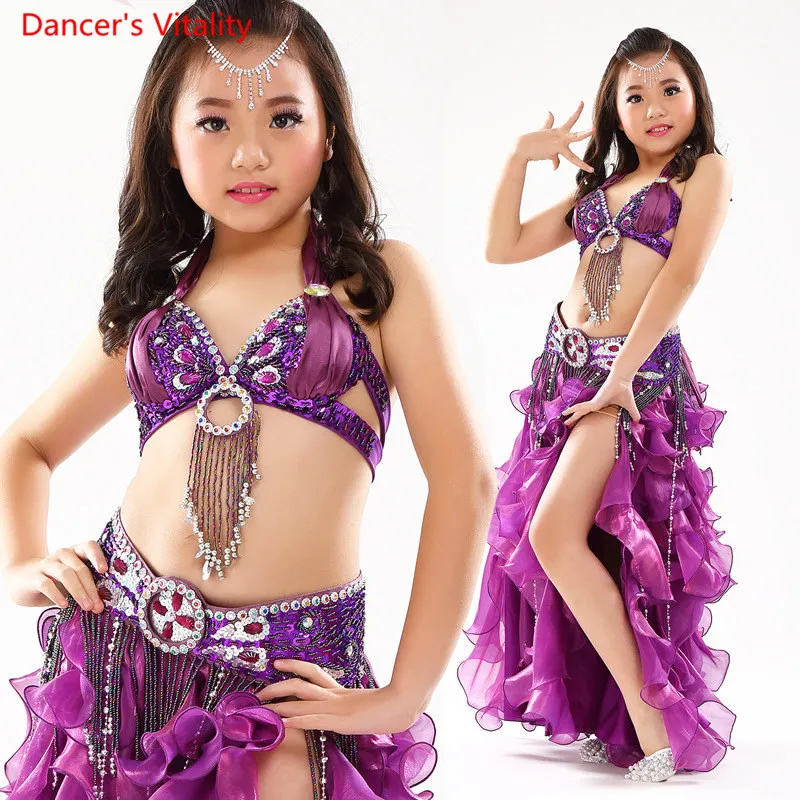 Модная женская детская одежда для танца живота комплект из 2 предметов: бюстгальтер и пояс с бусинами в восточном стиле костюмы для танца живота