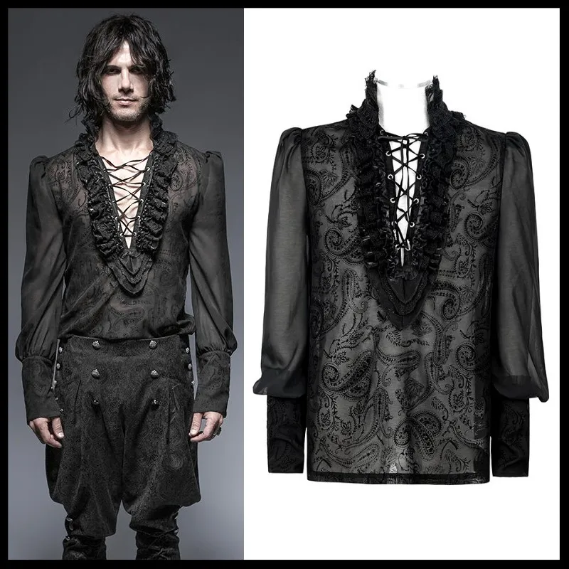 

Punk Rave Men Gothic Black Shirt Sexy Club Party Blouse Cosplay Steampunk Vintage Mens Chiffon Blouse