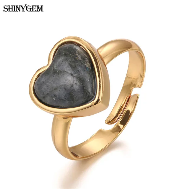 ShinyGem Natural Black Labradorite Stone Ring Big Labradorite Cabochon Fashion Love Ring Adjustable Gold Wedding Rings For Women