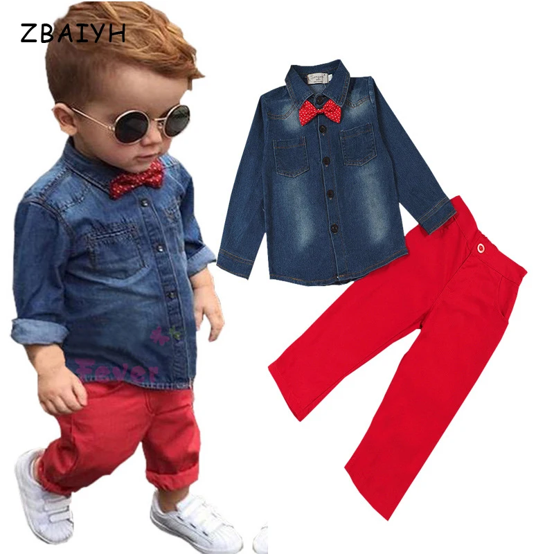 

Children Tracksuit Boys Sets Clothing Spring 3pcs Sets Tie Bow+Denim Shirt+Casual Pants Gentleman Suit Baby Boy Clothes Roupa