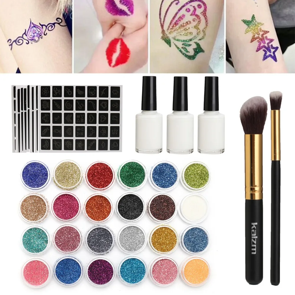 

135pcs Nail Dip Powder Glitter Tattoo Set Pattern Template Stencils Tattoo Powder Tattoo Body Painting Glitter Pigmen Powder Set